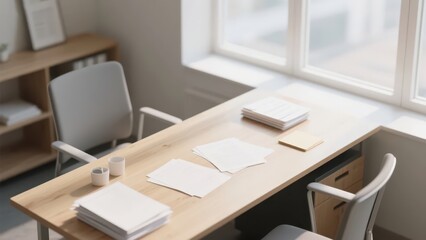 A simple office desk by the window, with documents and stationery neatly arranged, creating a tidy and efficient office atmosphere.