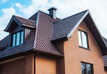 Obraz premium Exterior of a house with a brown metal roof and brick walls.