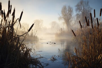 Misty river at dawn, reeds frame
