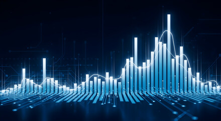 Digital data visualization with fluctuating market trends, financial growth, and technology graphs representing business and investment