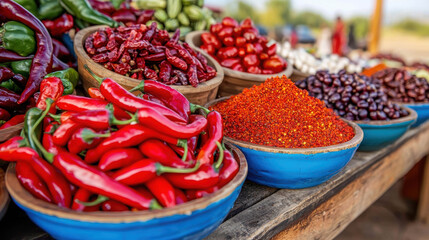 Colorful Display of Fresh Spices and Chilies at Local Market with Bowls of Red and Green Varieties for Culinary Use and Cooking Inspiration