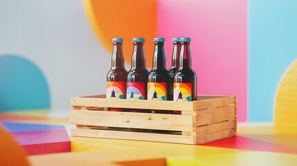 Craft beer bottles in wooden crate against vibrant playful background for summer party vibes and celebrations