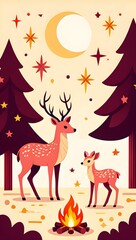 Naklejka premium Deer family camping illustration under moon and stars with campfire and christmas trees