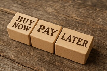 Wooden blocks with the words buy now pay later arranged on a rustic wooden surface, symbolizing a payment option