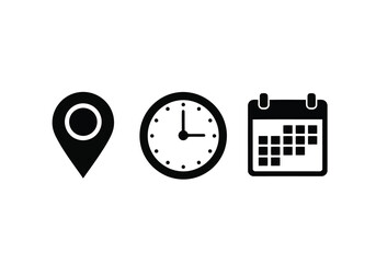 Vector illustration of photo of a set of icons representing location, time, and calendar, symbolizing planning and scheduling for travel or events, isolated on white background