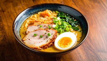 Delicious Ramen Bowl with Pork Egg and Fresh Green Onions on Wooden Table.