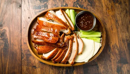 Fotobehang Peking Delicious Peking Duck Platter with Cucumber Sauce and Wraps on Wooden Table.  © KMB
