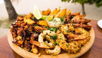 Delicious Seafood Platter with Grilled Shrimp Potatoes and Lemon on Wooden Plate.