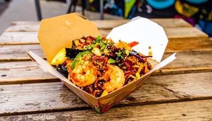 Delicious Shrimp and Vegetable Stirfry in a Takeout Box on Wooden Table.