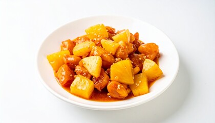 Delicious Sweet and Sour Chicken with Pineapple on White Plate.
