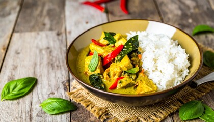 Delicious Thai Green Curry with Rice Basil and Chili on Rustic Wood.