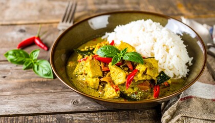 Delicious Thai Green Curry with Rice Basil and Chili Peppers on Rustic Wood.