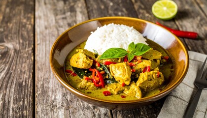 Delicious Thai Green Curry with Rice Lime and Chili on Rustic Wood.
