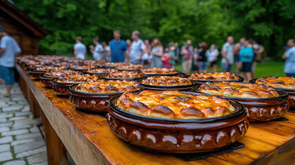 Delightful Outdoor Feast Featuring Multiple Baked Dishes on a Rustic Table Surrounded by Guests in Lush Greenery, Captured in a Summer Gathering