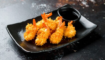 Golden Fried Shrimp Tempura with Dipping Sauce on Black Plate.