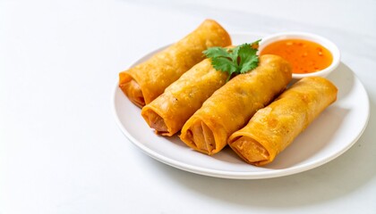 Golden Fried Spring Rolls with Dipping Sauce on White Plate.