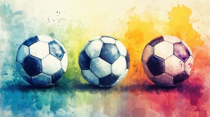 Obraz premium Three vibrant soccer balls resting on colorful painted background