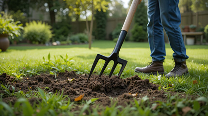 Heavy-duty garden fork with reinforced fiberglass handle, suitable for breaking up compacted soil in a large residential backyard.