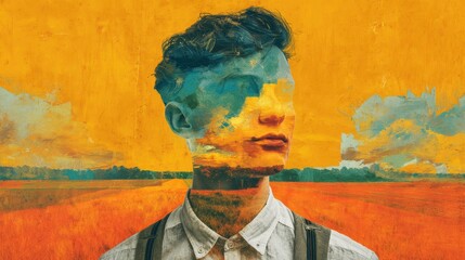 A man's face merges with a landscape of vibrant colors.
