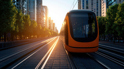 Modern Electric Tram on Urban Pathway Through Cityscape at Sunset with Vibrant Skyscrapers and Radiant Reflections on Tracks