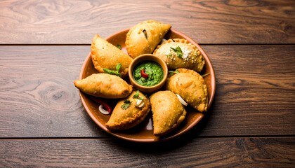 Golden Samosas and Green Chutney on a Brown Plate Wooden Table.