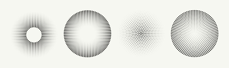 Set of abstract concentric and hypnotic dotted lines in circle form. Halftone dotted radial lines. Design element for logo, prints, template or posters. Vector illustration
