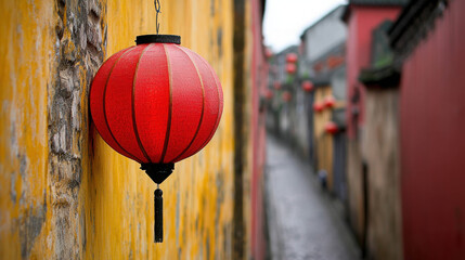 Tranquil alleyway with vibrant red lanterns hanging on yellow wall, creating a serene atmosphere in traditional Asian architecture street