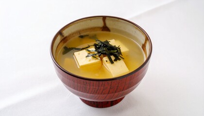 Japanese Miso Soup with Tofu and Seaweed in a Decorative Bowl.