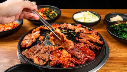 Korean BBQ Feast Grilled Meats and Side Dishes with Chopsticks in Action.