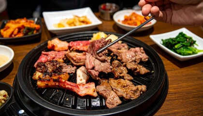 Korean Barbecue Feast Grilled Meats and Side Dishes Ready to Enjoy.