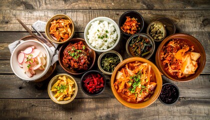 Korean Cuisine A Rustic Wooden Table Displaying Various Traditional Dishes.