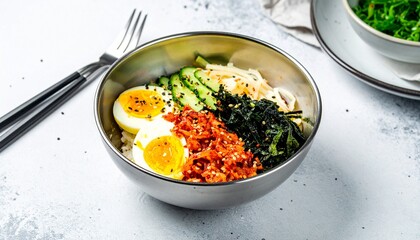 Korean Bibimbap Bowl with Egg Kimchi Seaweed and Cucumber on a Table.