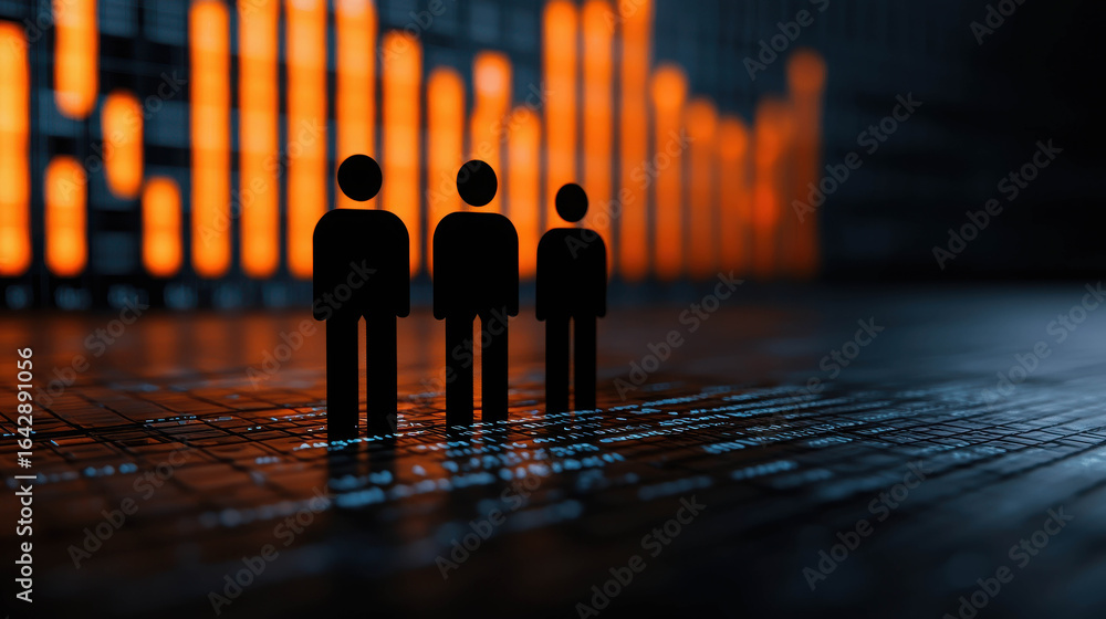 Poster abstract representation of diverse human figures standing in front of a glowing digital bar graph sh