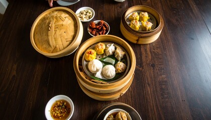 Overhead View of Delicious Dim Sum Dishes on Wooden Table Ready to Eat.