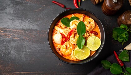 Overhead View of Delicious Tom Yum Soup with Shrimp and Garnishes 1.