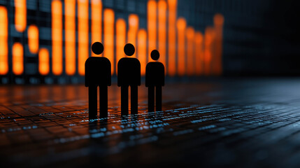 Abstract representation of diverse human figures standing in front of a glowing digital bar graph showcasing growth and data analytics in a modern environment