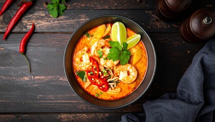 Overhead View of Spicy Shrimp Tom Yum Soup with Garnishes on Dark Wood.