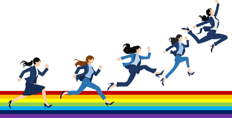 虹を走るビジネスウーマンのイラスト