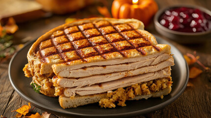 Deliciously Toasted Turkey Sandwich with Stuffing on a Rustic Plate Surrounded by Autumn Decor and Accompaniments for a Cozy Meal Experience