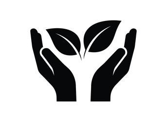 Obraz premium Vector illustration of photo of black icon of hands holding two green leaves, symbolizing care for nature and growth, isolated on white background