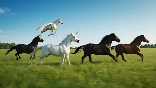 Majestic Horses Galloping Across Field - Four horses, including a pegasus and unicorn, run gracefully across a vibrant green field under a clear blue sky.