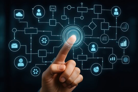 Finger touching a glowing digital network interface with interconnected nodes and icons representing data and communication