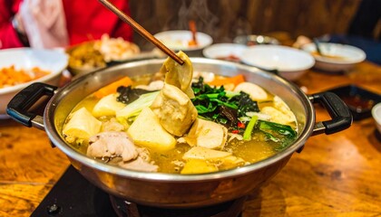 Steaming Hot Pot with Tofu and Vegetables Chopsticks Lifting Food Close Up.