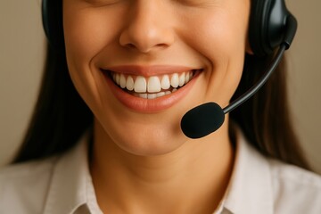 Close up of a smiling customer service representative wearing a headset with a microphone, ready to assist