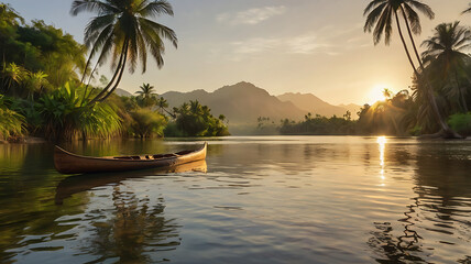 Obraz premium Calm river with a wooden canoe beneath the gentle shade of a swaying palm tree
