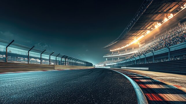 Fast ride on racing track and empty grandstands around asphalt road at night.