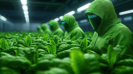 Futuristic Agriculture Scene with Hooded Figures Tending to Lush Green Leaves in a High-Tech Indoor Farm Environment