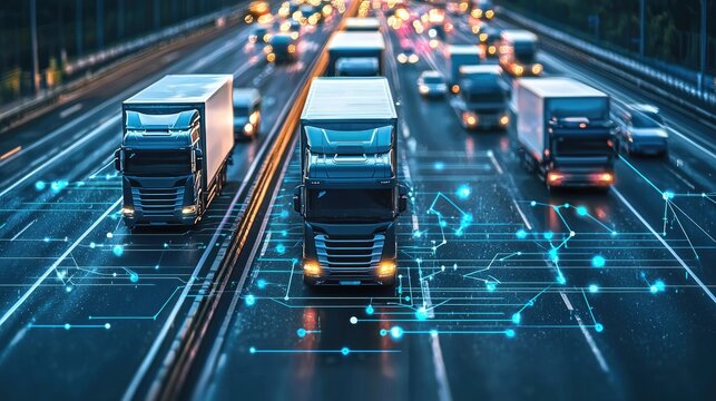 Abstract design background Trucks and transport tracking.Highway and delivering.Autonomous transportation. Driverless automotive. Ai assistance and safety traffic system.