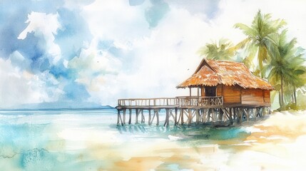 Tropical overwater bungalow surrounded by palm trees and ocean