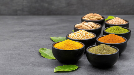 Assortment of Colorful Spices and Nuts in Black Bowls on Dark Background with Fresh Green Leaves for Culinary and Health Concepts